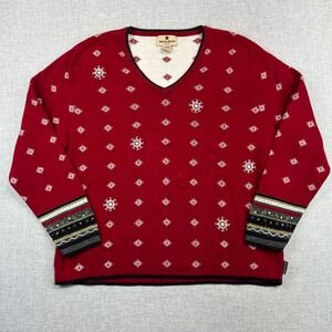 Woolrich Ruby Red Snowflake V Neck Holiday Knit Sweater Women Petite L Red Cozy